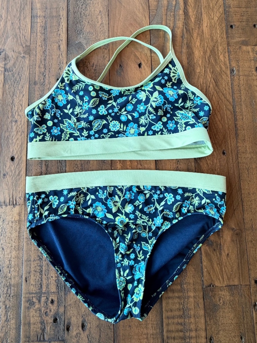 Lands’ End Girls 2 Piece Floral Bikini Swimsuit Size 10-12 L Navy Green